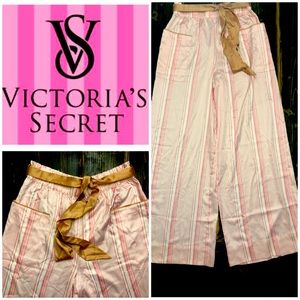 NWOT Victoria Secret Cotton Candy Pink Stripe Satin Wide Leg PJ's w/Salmon Belt